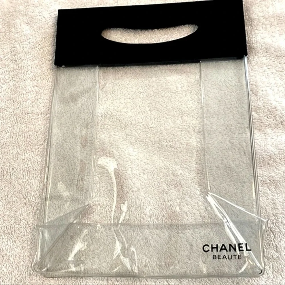 Chanel Clear Vinyl Tote Beaute Bag Black Top Handles Stadium See-through 10x7 In